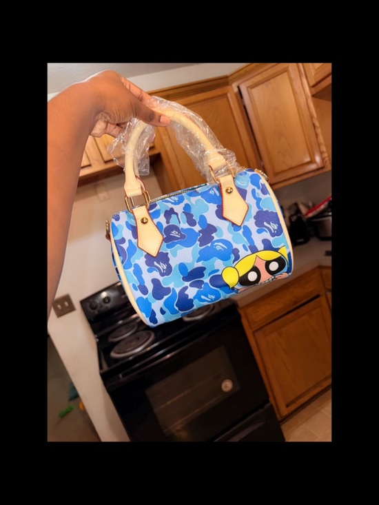 Handbags - Blue Camo Mini Satchel with Cartoon Accent